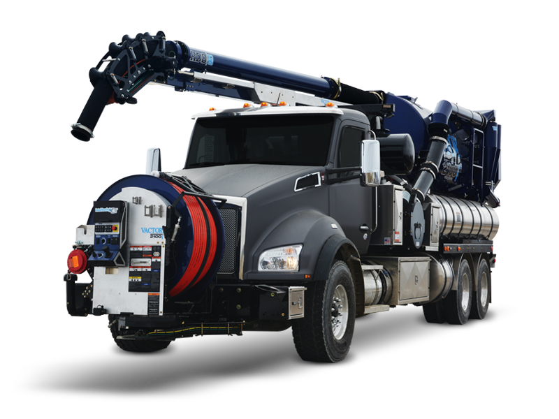 A heavy-duty truck equipped with a large vacuum system and articulated arm for industrial cleaning or debris removal.