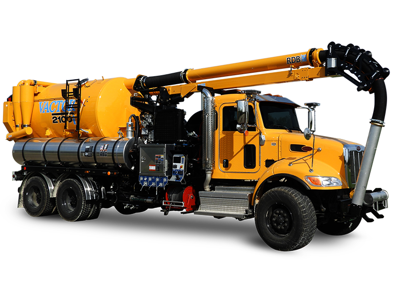 A bright yellow industrial vacuum truck with articulated suction arm and large cylindrical tanks.