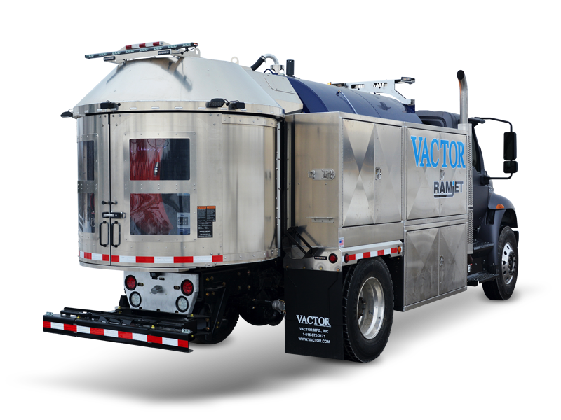 A stainless steel Vactor Ramjet truck designed for industrial vacuum and sewer cleaning operations.