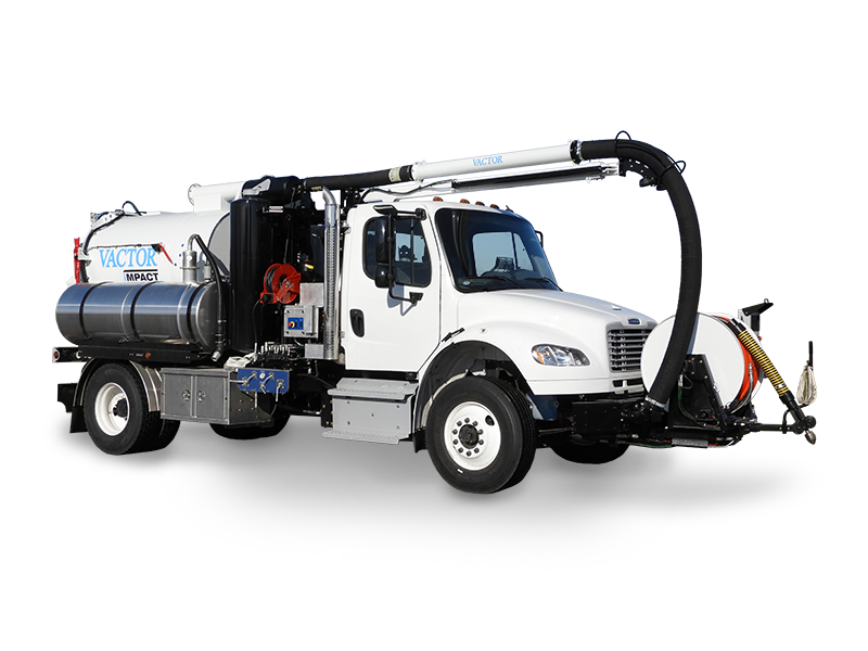 A white Vactor Impact vacuum truck equipped with a large tank, suction hose, and mounted equipment for industrial cleaning.