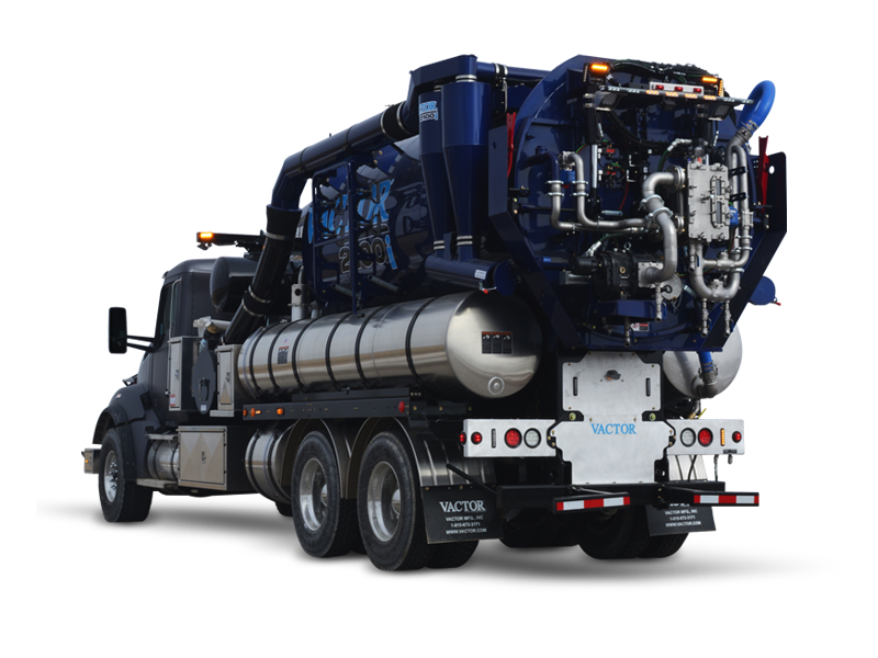 a blue and silver industrial vacuum truck with visible pipes and tanks, branded 'vactor', shown from a rear three-quarter angle against a white background.