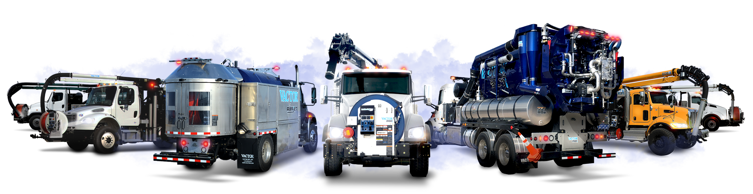 A lineup of specialized Vactor trucks designed for sewer and drain maintenance, featuring various attachments and equipment.