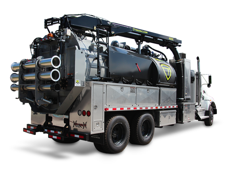 A heavy-duty industrial vacuum truck with multiple suction pipes and a large tank, shown from a rear three-quarter angle against a white background.