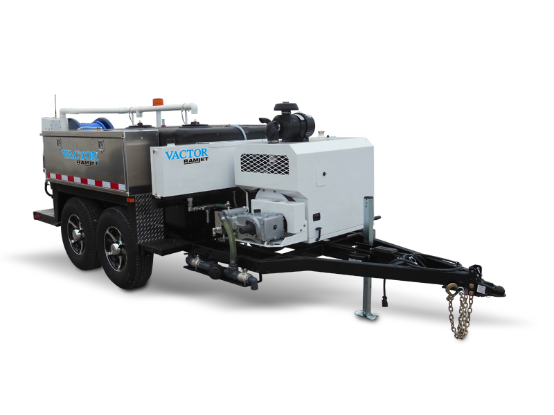 A white and stainless steel Vactor Ramjet water jet trailer with dual wheels and towing hitch.